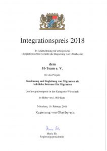 Regierung von Oberbayern vergibt einen von sechs Integrationspreisen an den H-TEAM e.V. München
